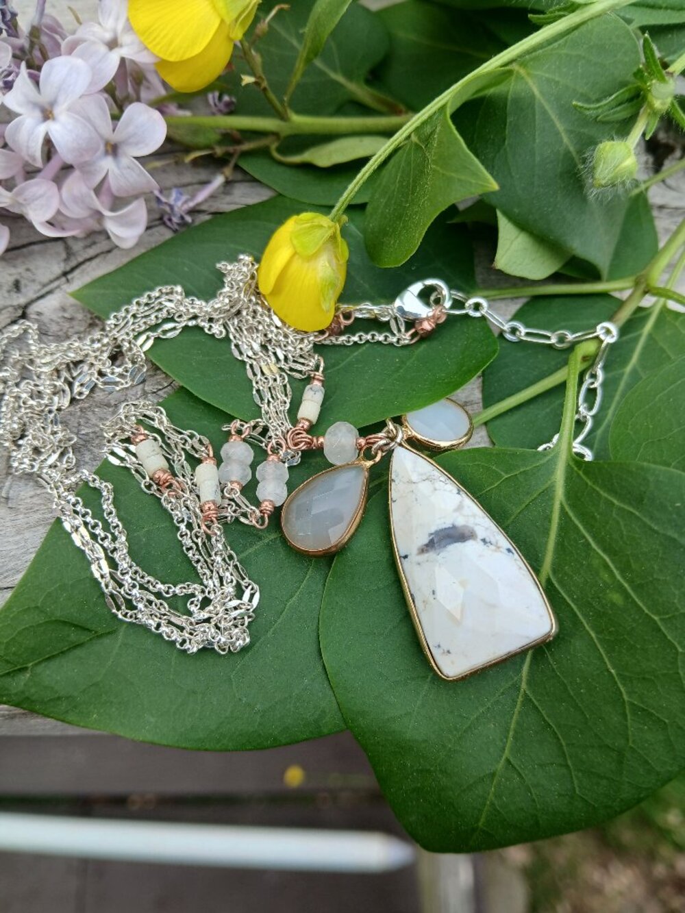 Nakamol silver tone double chain with pendant and 2 charms gold tone accents